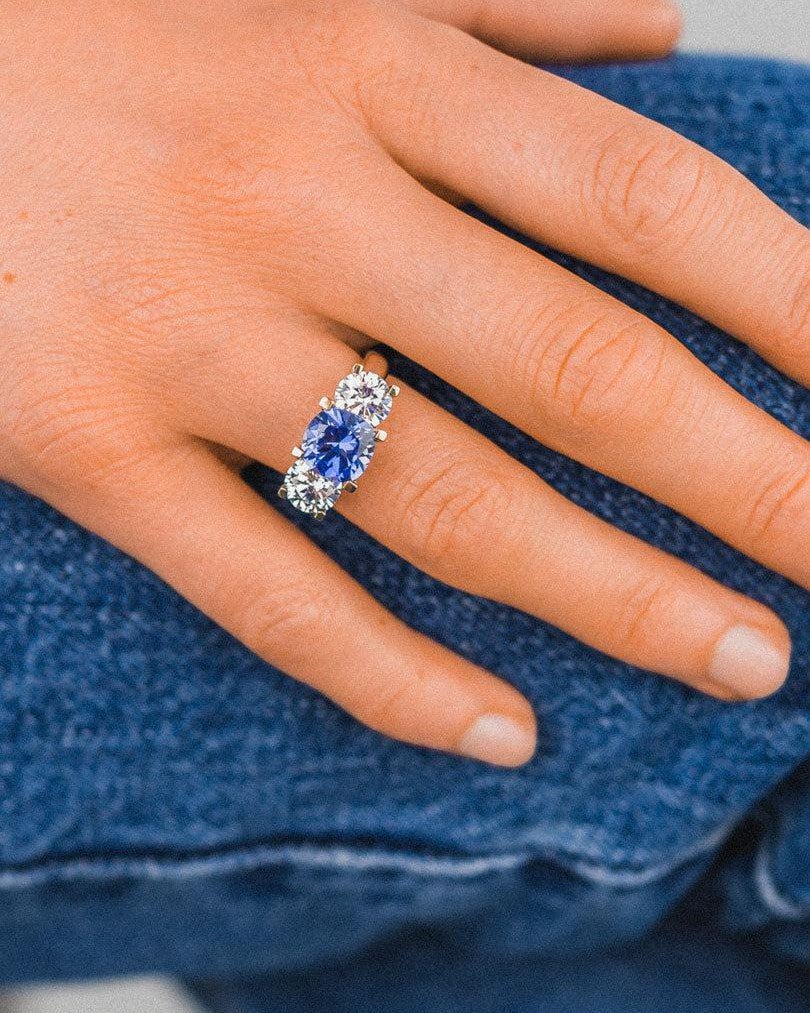 Claw Set Sapphire and Diamond Platinum Trilogy Ring Ring Pruden and Smith