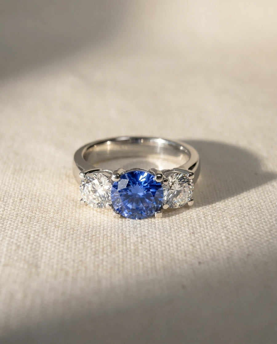 Platinum trilogy ring with a blue sapphire and two round diamonds.