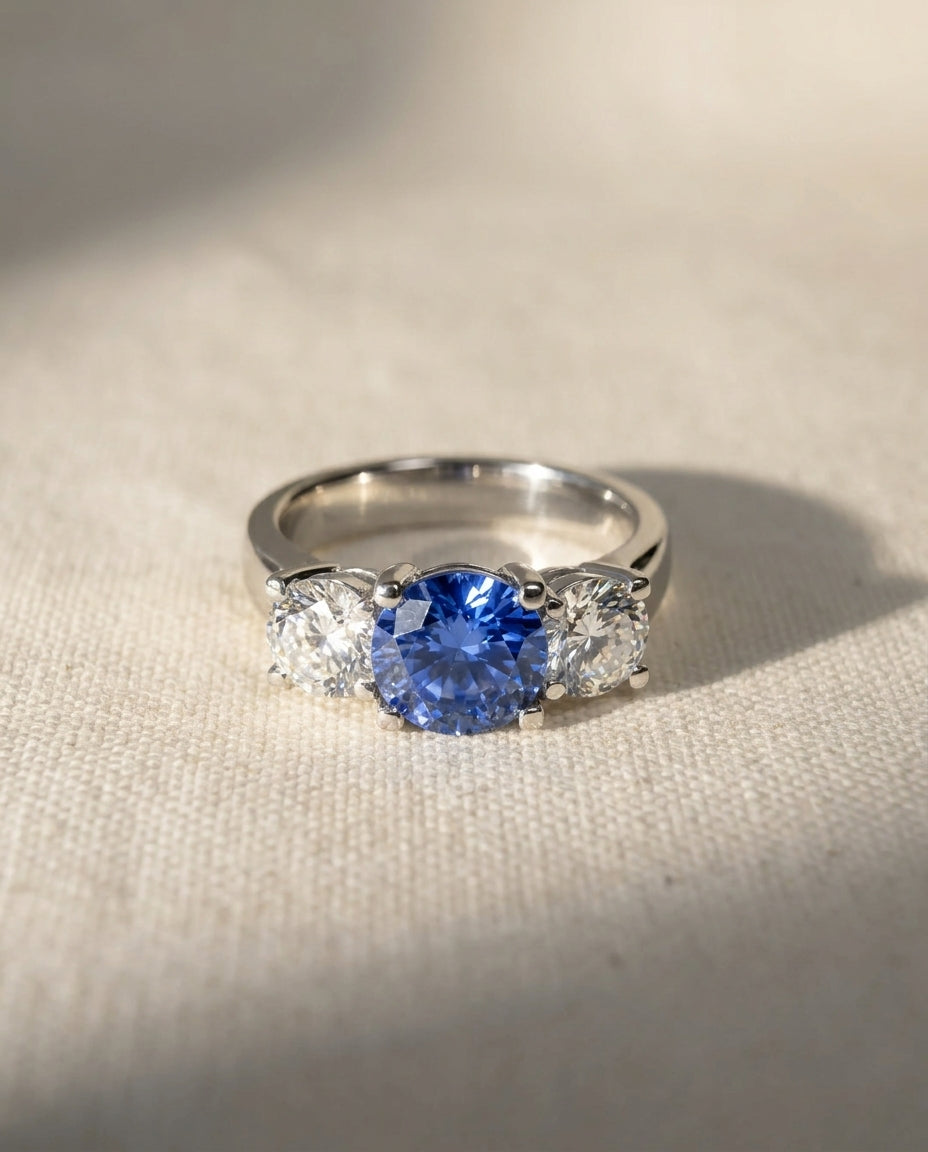 Platinum trilogy ring with a blue sapphire and two round diamonds.