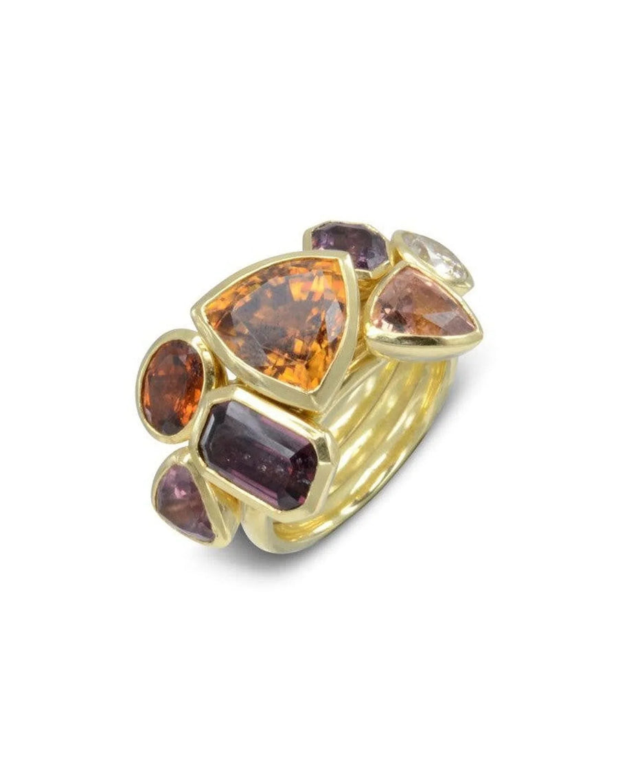 18ct yellow gold stacking ring set with mixed gemstones in organic shapes