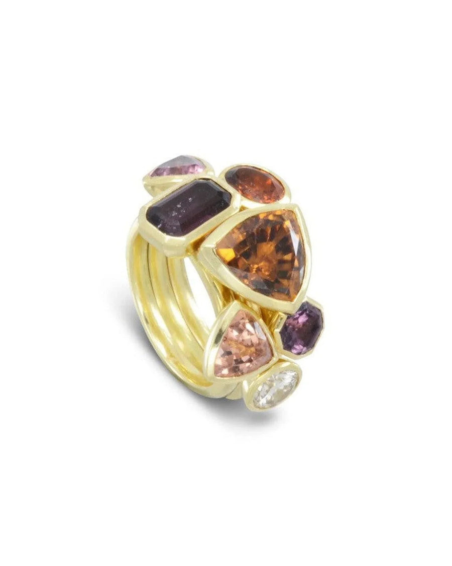 18ct yellow gold stacking ring set with colorful gemstones in modern organic shapes
