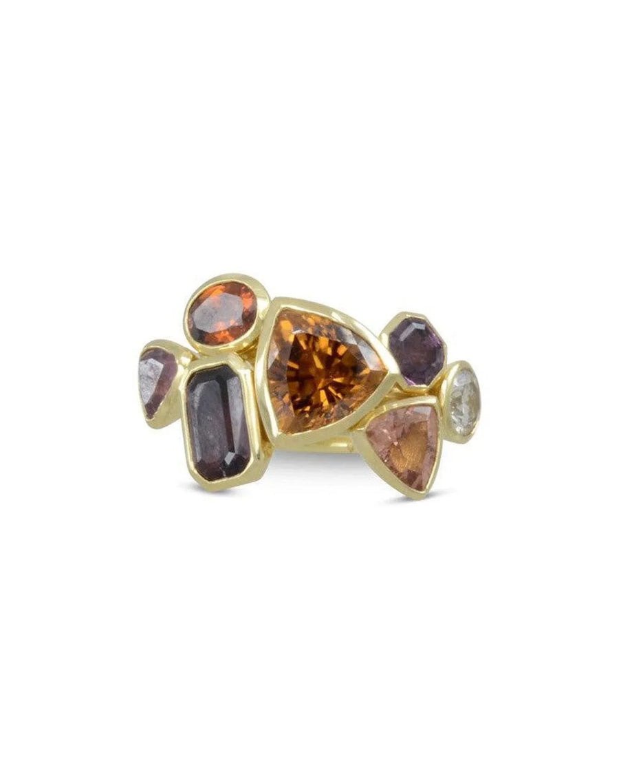18ct yellow gold stacking ring set with mixed-shape multicoloured gemstones
