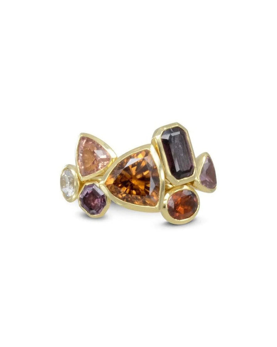 18ct yellow gold stacking ring set with mixed cut colorful gemstones on white background
