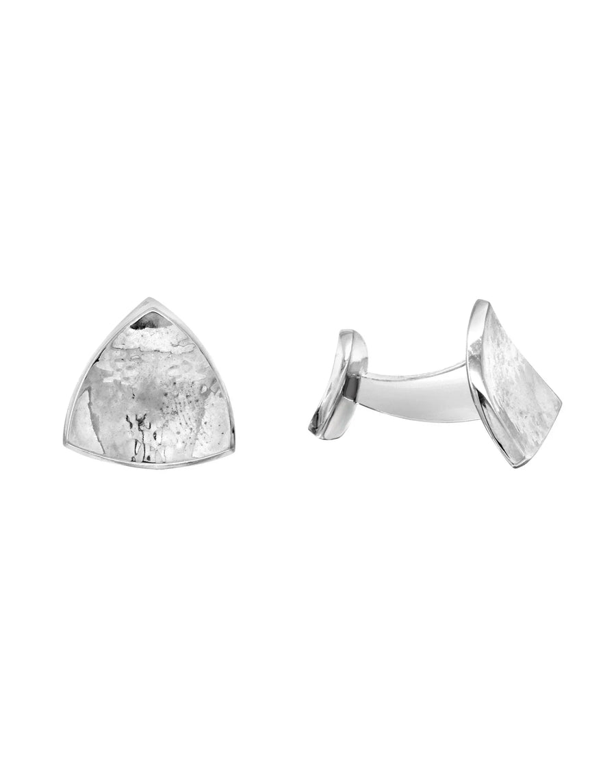 Trillion-shaped silver cufflinks with a concave, textured surface shown from front and side angles.