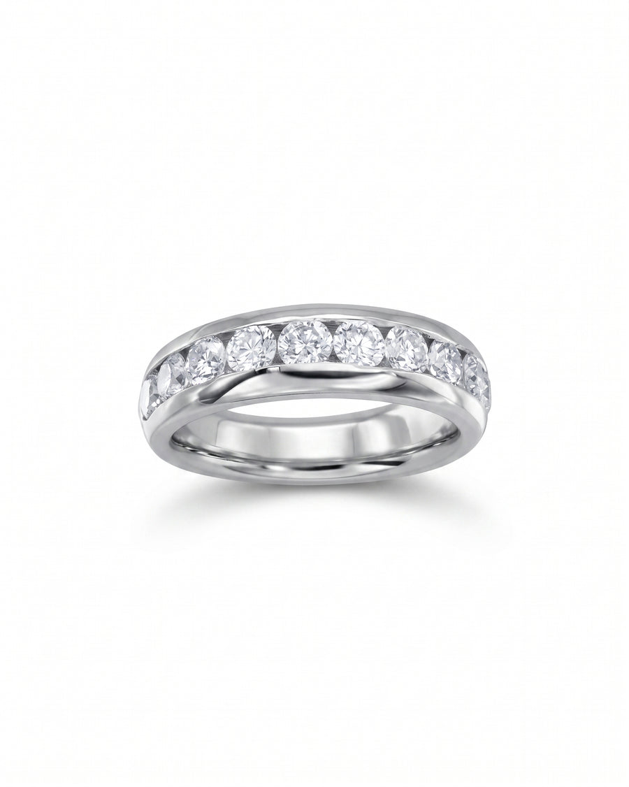 White gold channel-set round brilliant cut diamond ring.