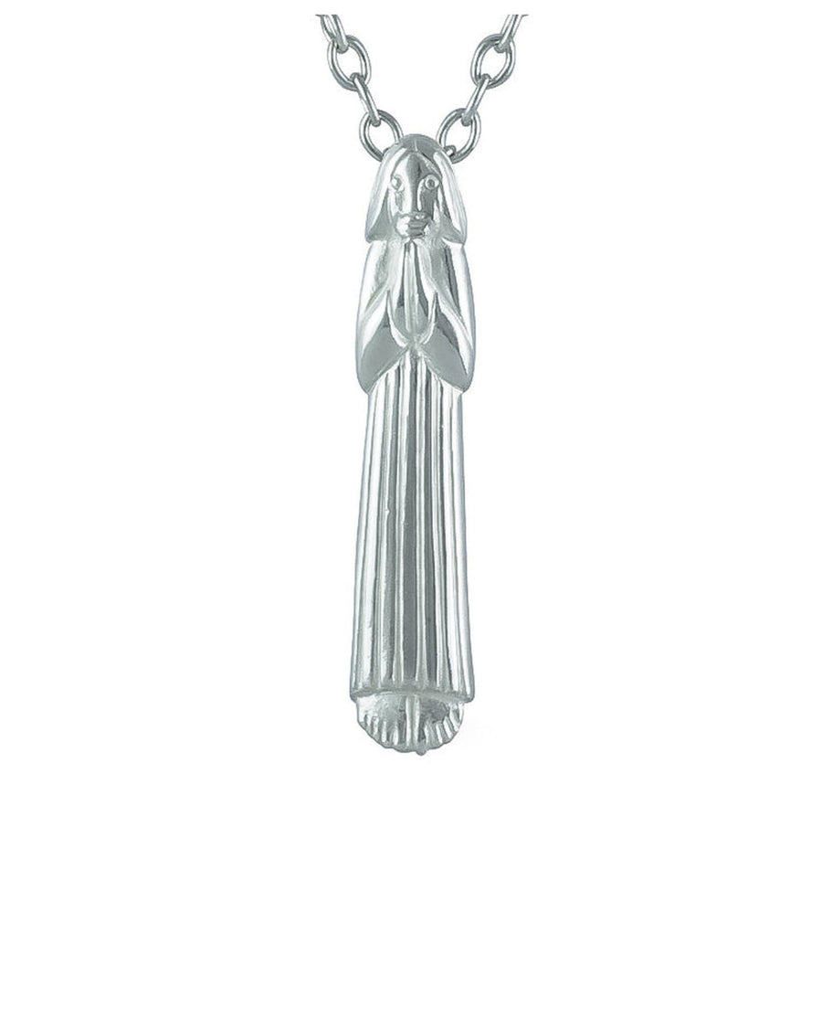 Sterling silver pendant shaped like a praying girl on a chain necklace