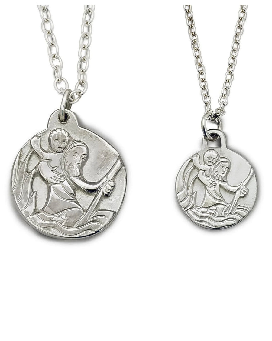 Two silver Saint Christopher pendants with engraved detail on matching chains