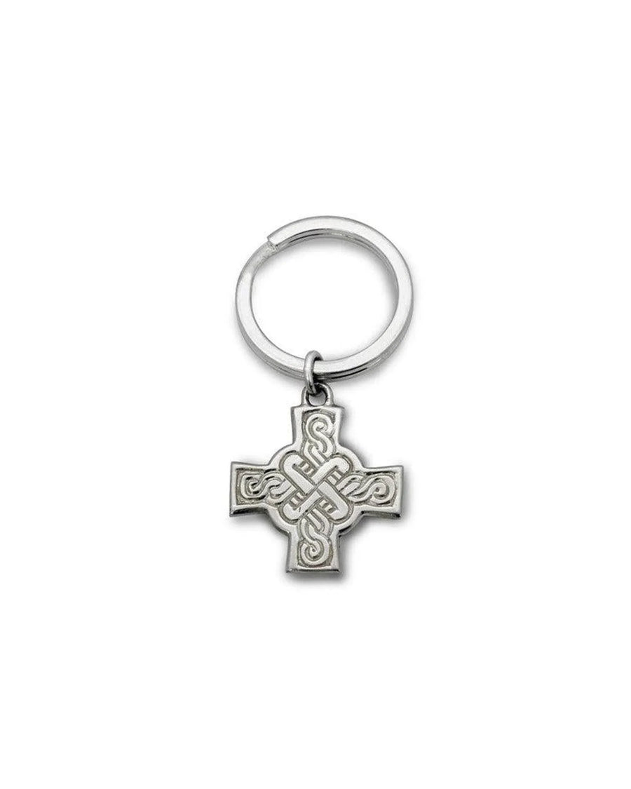 silver Celtic cross keyring with intricate knotwork design