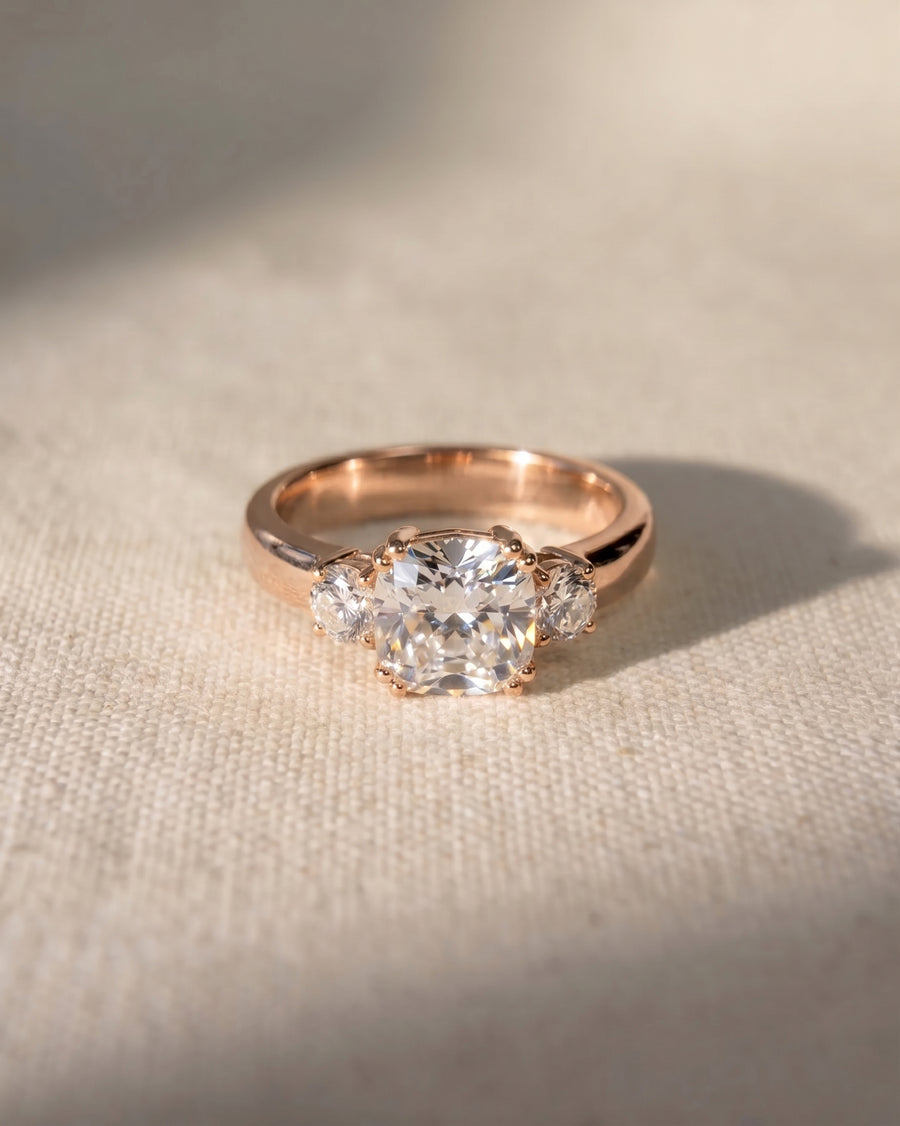 18ct rose gold trilogy engagement ring with cushion cut and two round lab-grown diamonds.
