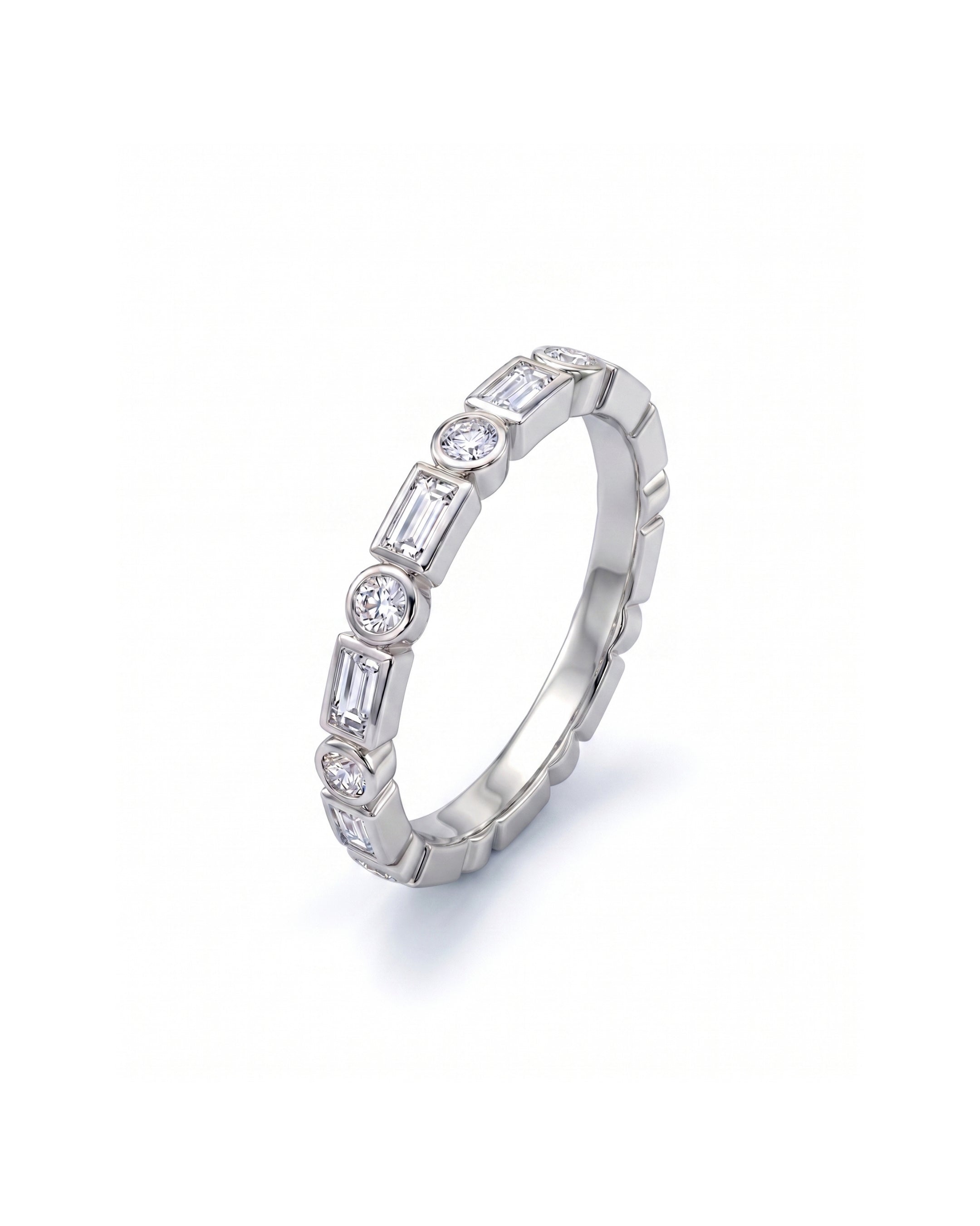 White gold ring with alternating baguette and round diamonds.