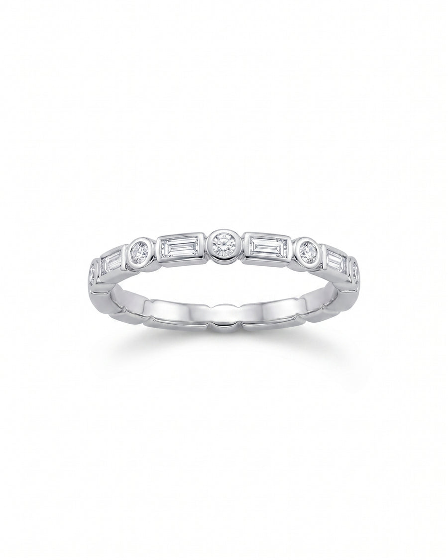 Silver ring with alternating baguette and round diamonds.