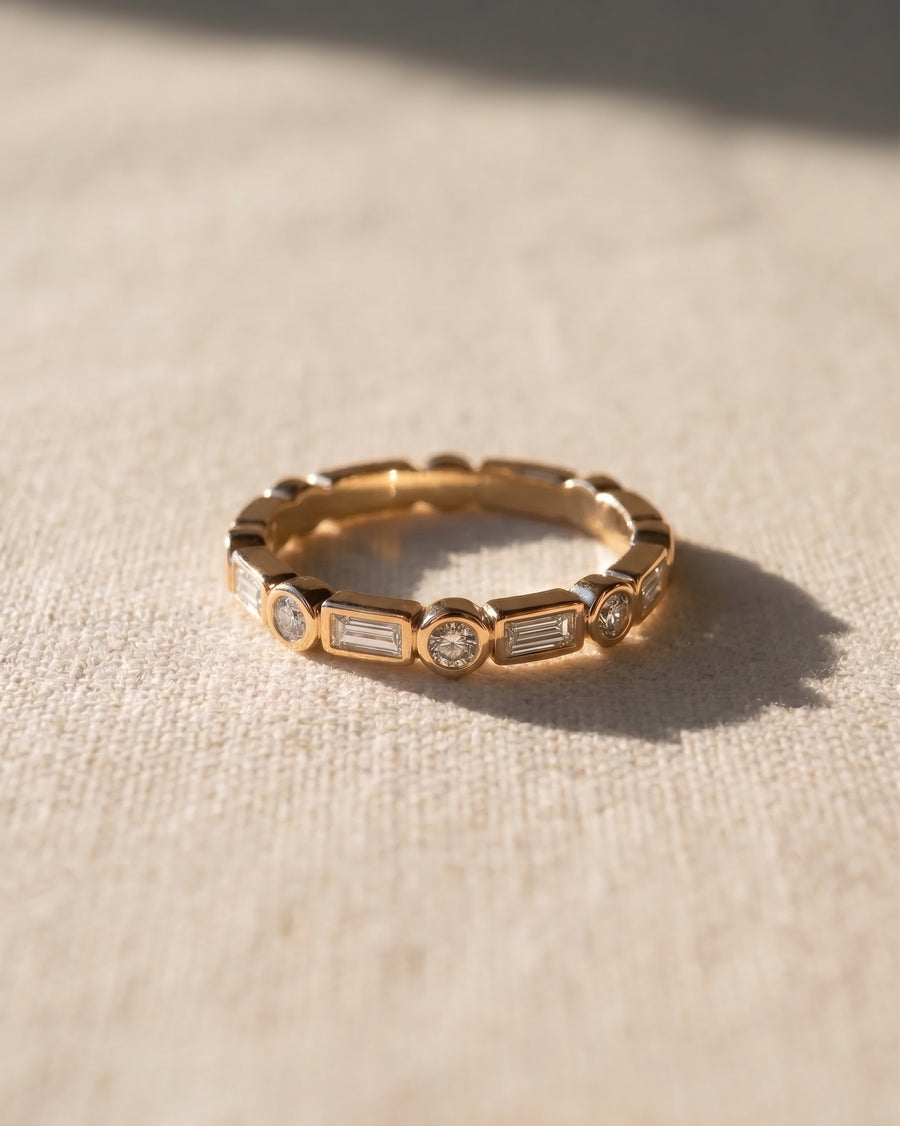 9ct yellow gold eternity ring with alternating baguette and round diamonds.