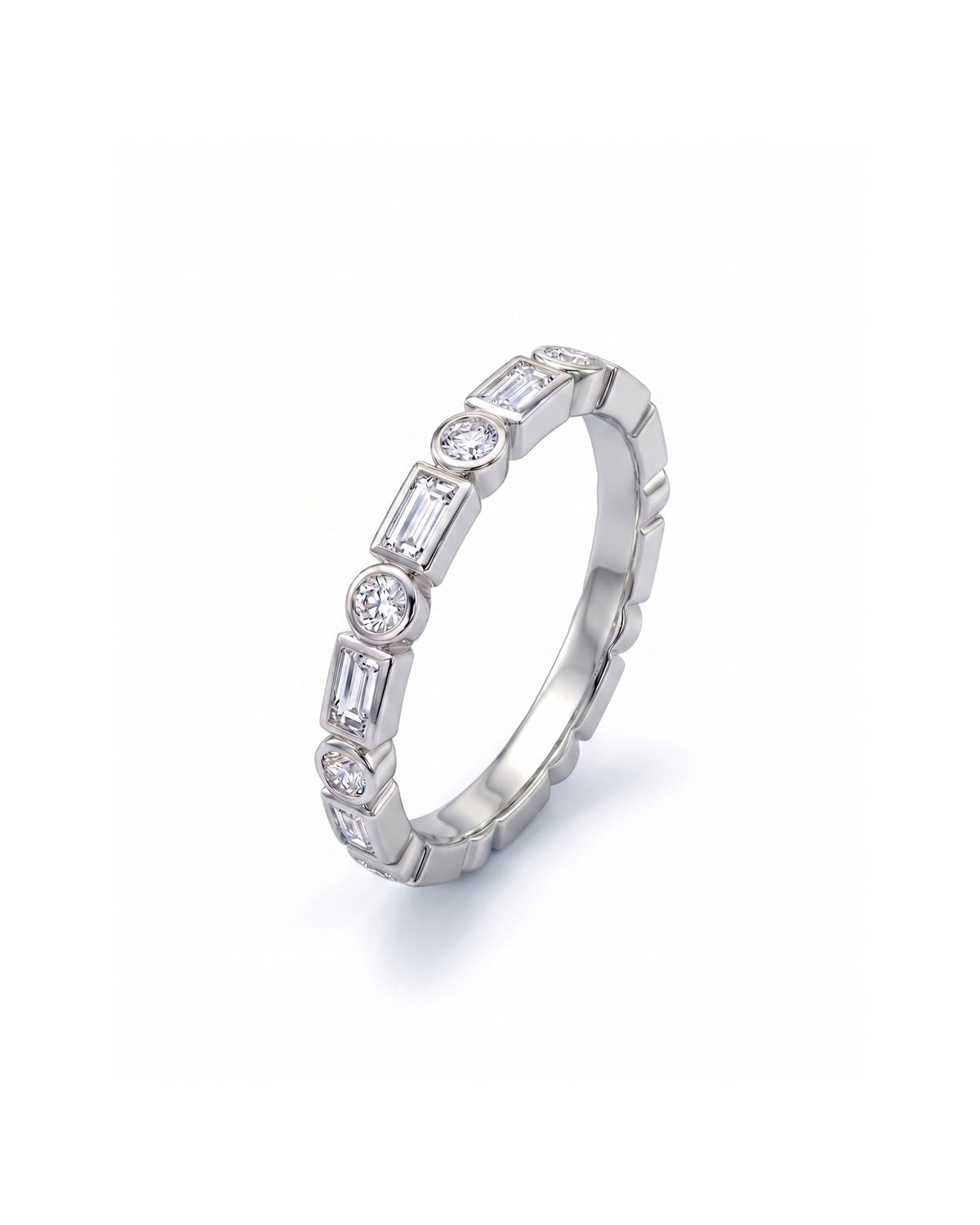 Silver band ring featuring alternating baguette and round diamonds in a bezel setting.