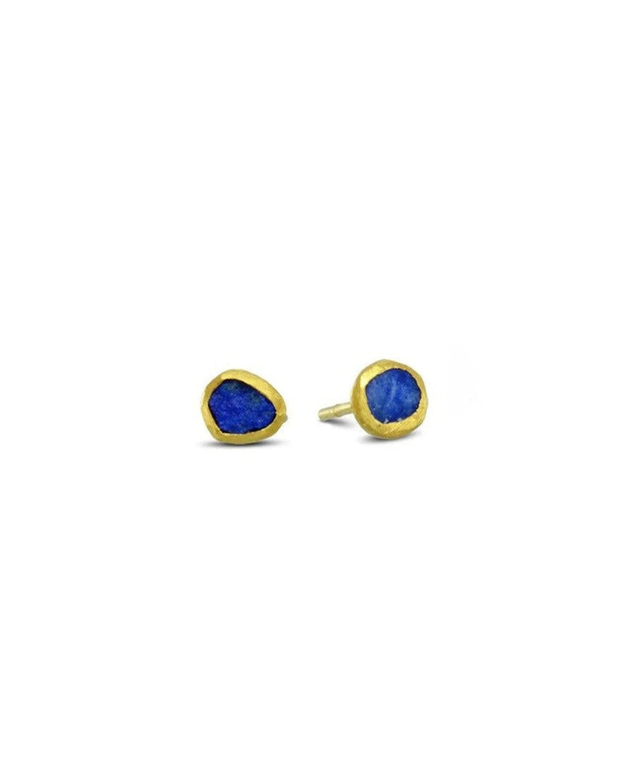 18ct yellow gold stud earrings with rough lapis lazuli gemstones.