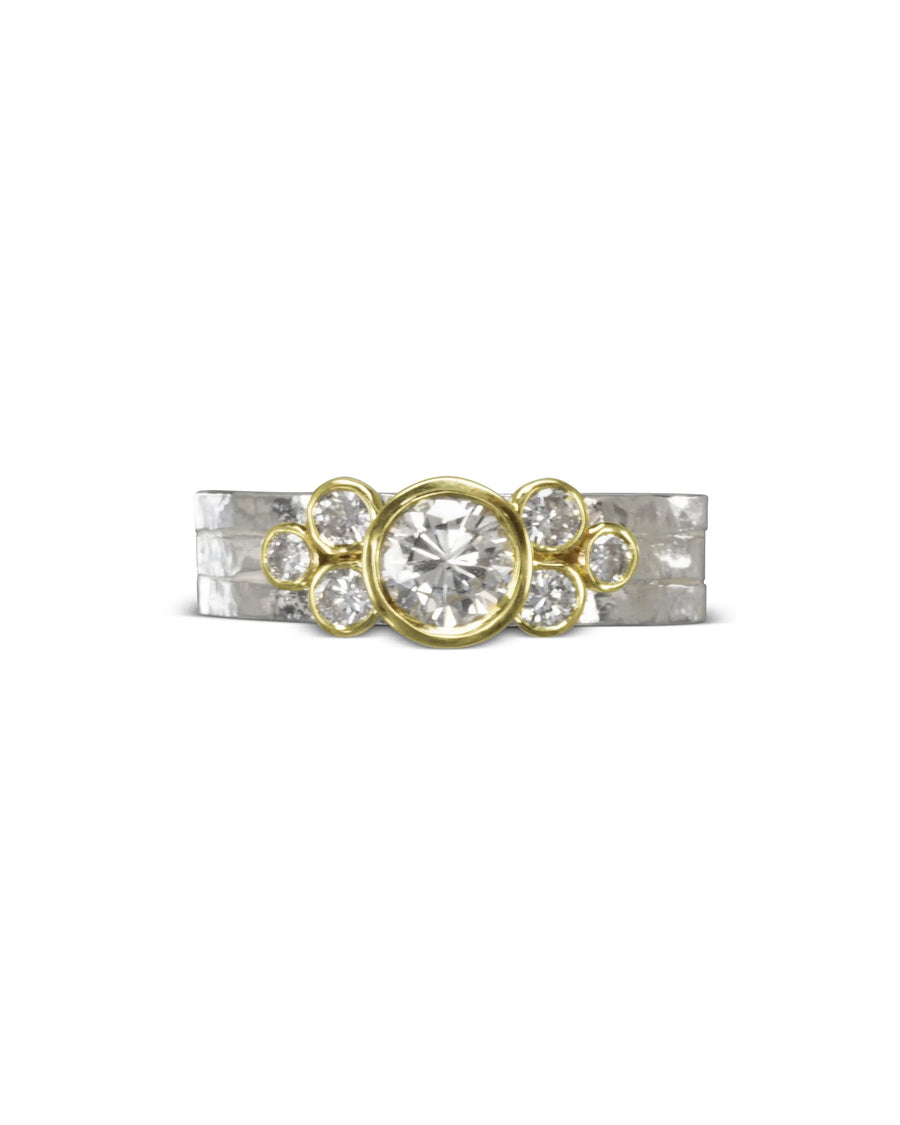Silver and gold rough hammered diamond stacking ring set.