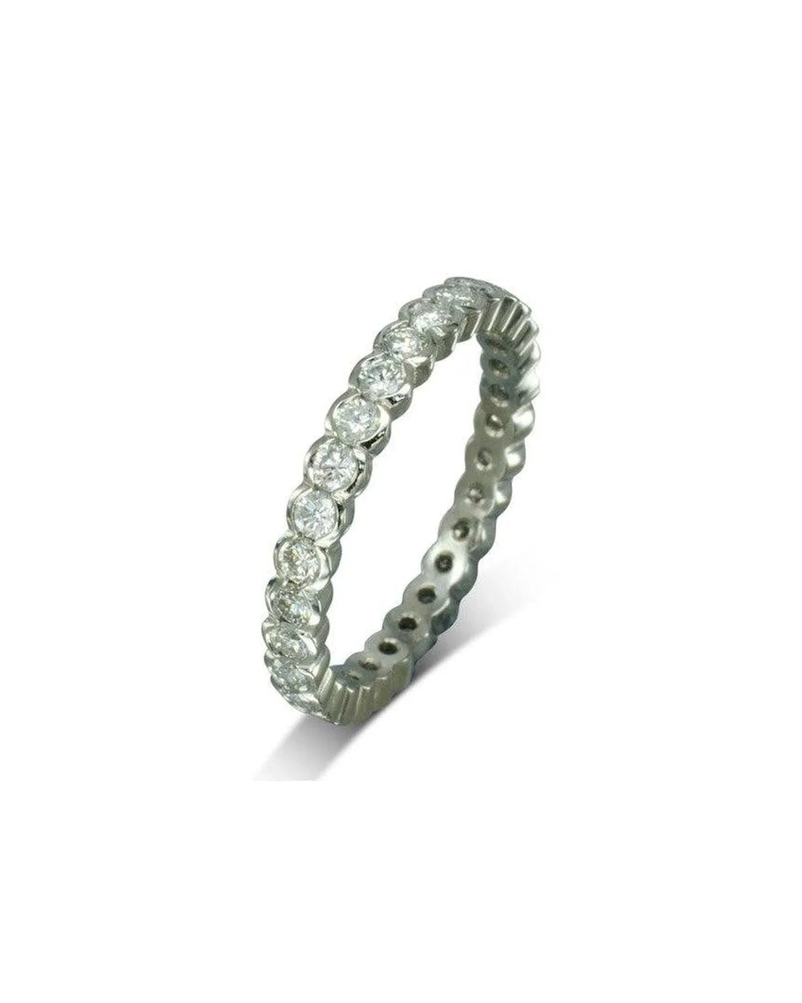 Dainty scalloped edge diamond full eternity ring with round diamonds in a white metal band