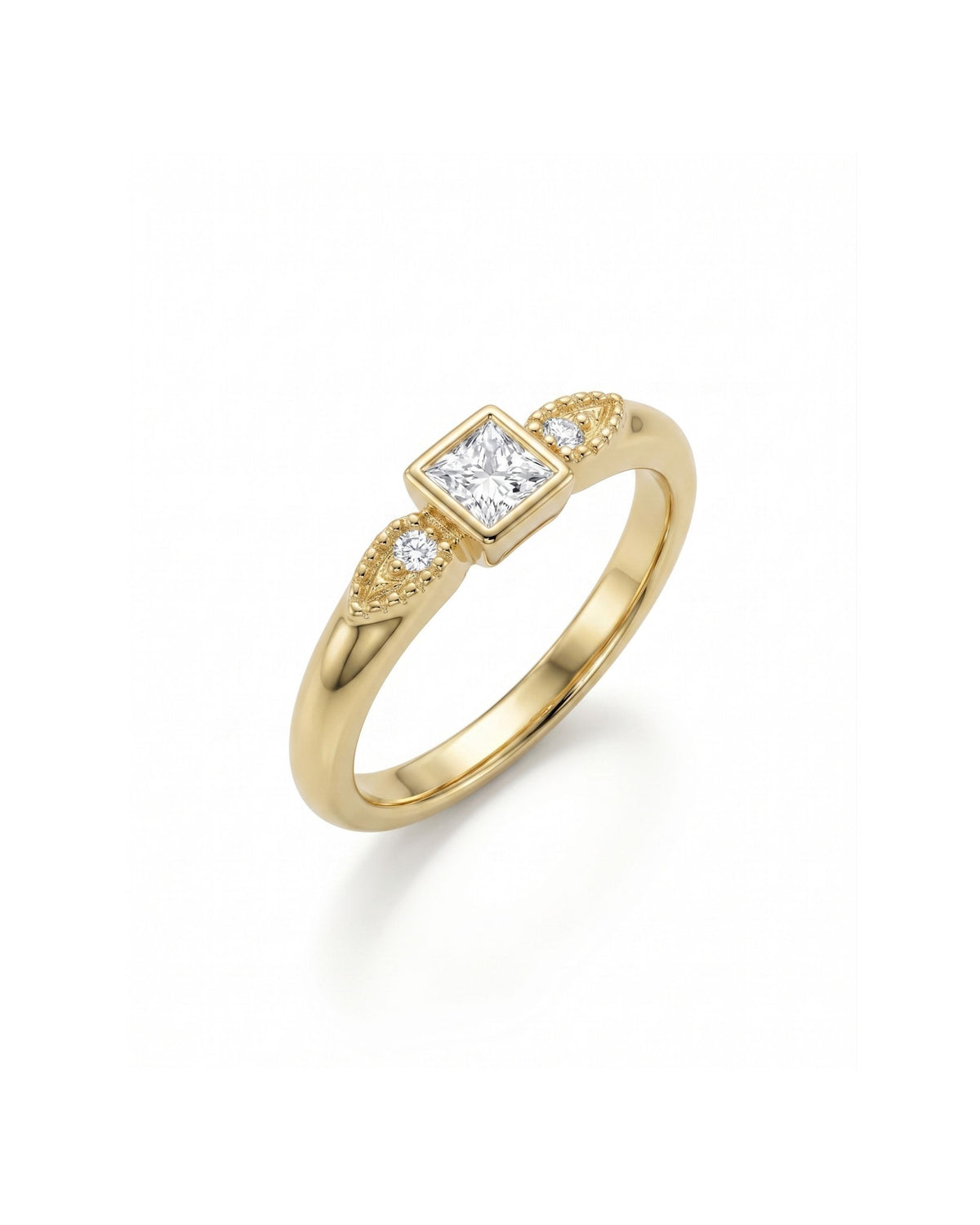 Yellow gold engagement ring featuring a princess-cut center diamond and two small side stones with milgrain detail.