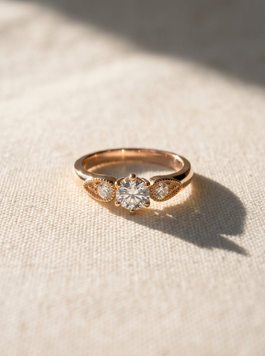 Rose gold engagement ring with a round center diamond and two smaller side stones in vintage settings.