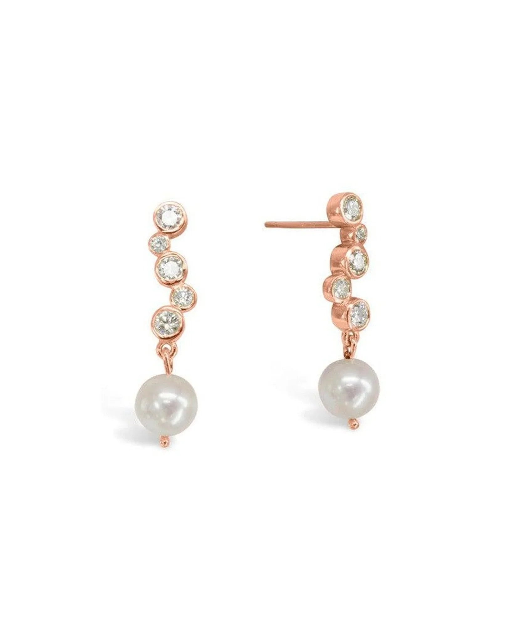 Gold drop earrings with diamonds and Akoya pearls on white background