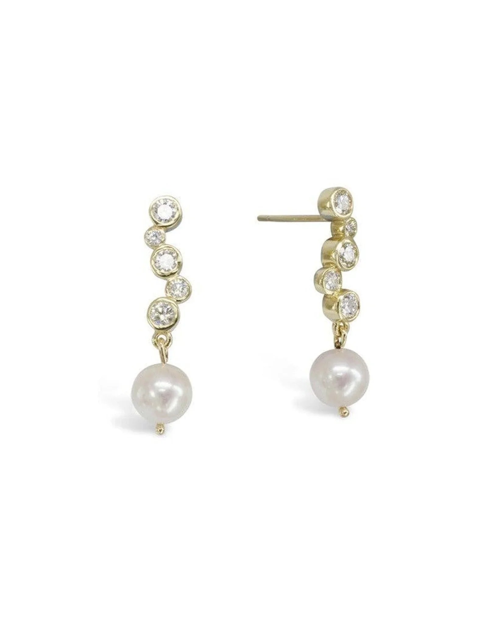 Gold drop earrings with diamonds and akoya pearls on a white background