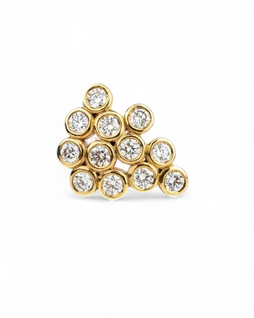 Yellow gold stud earring with clustered round diamonds in a bubble design on white background