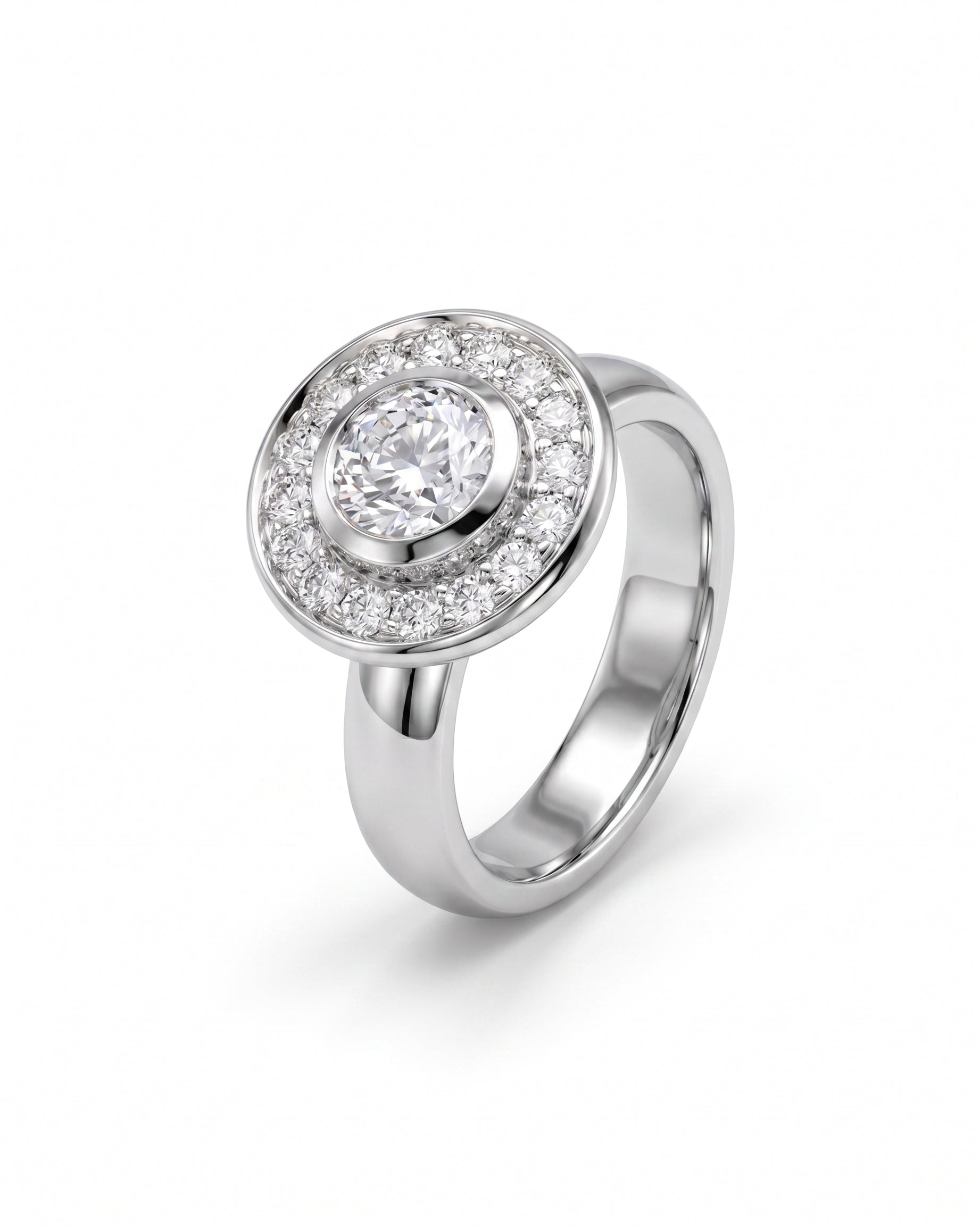 White gold engagement ring with a round diamond cluster design.