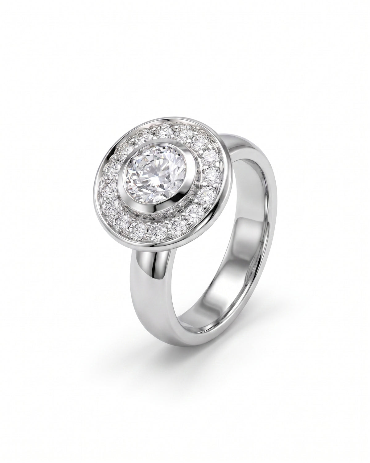 White gold engagement ring with a round diamond cluster design.