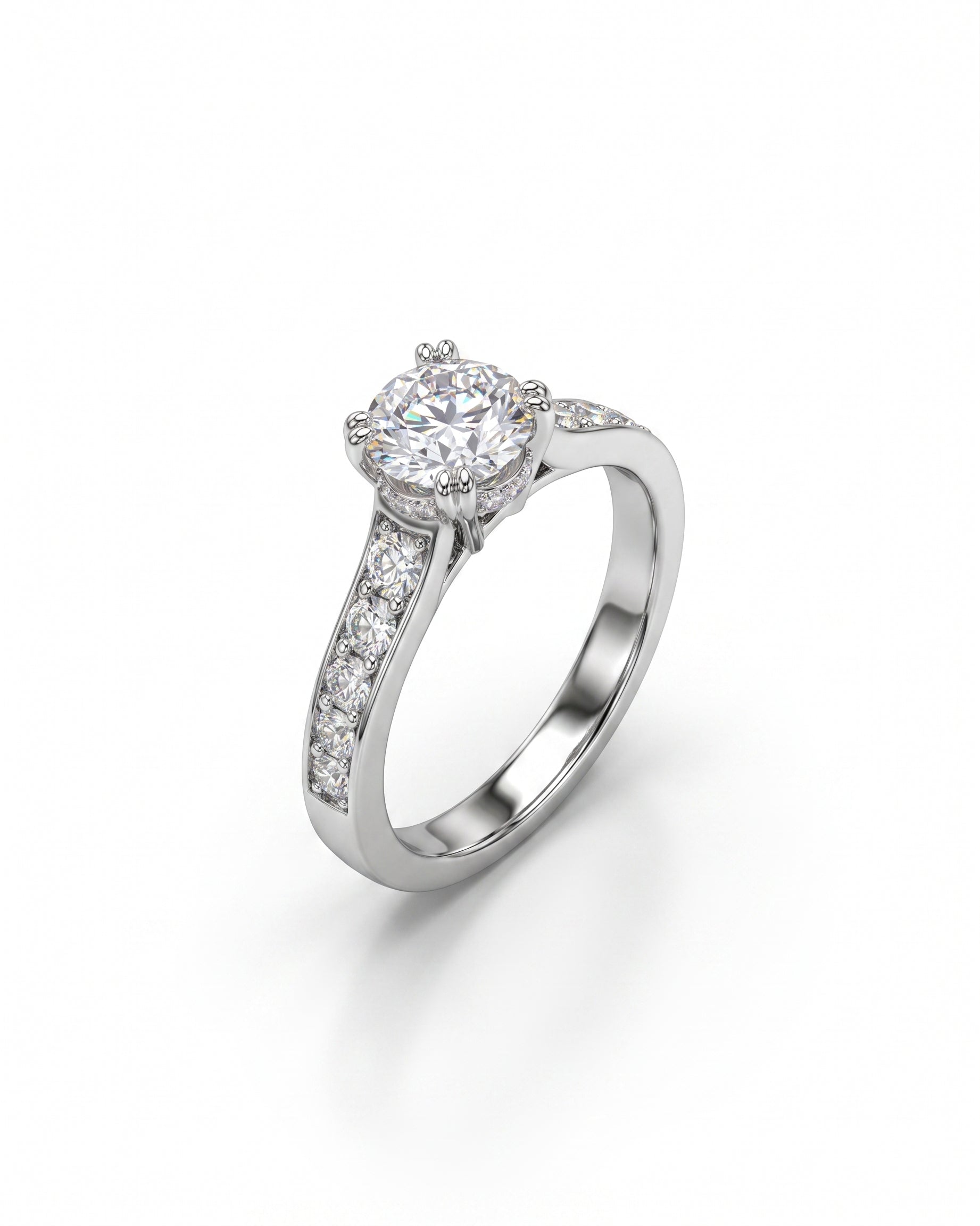 Silver diamond pave set engagement ring with a large center stone.
