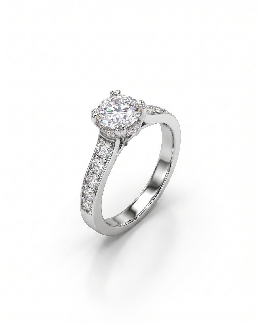Silver diamond pave set engagement ring with a large center stone.