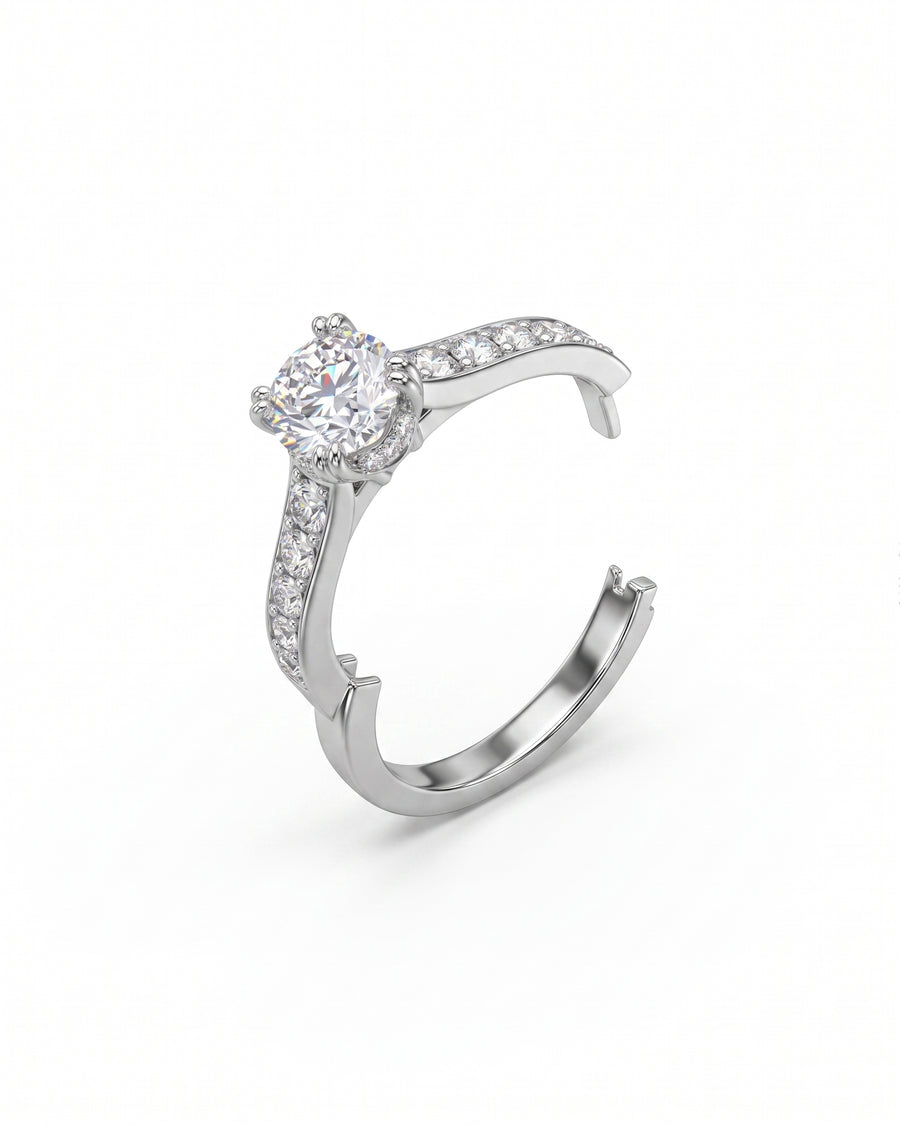 Silver diamond pave set engagement ring with a hinged band.