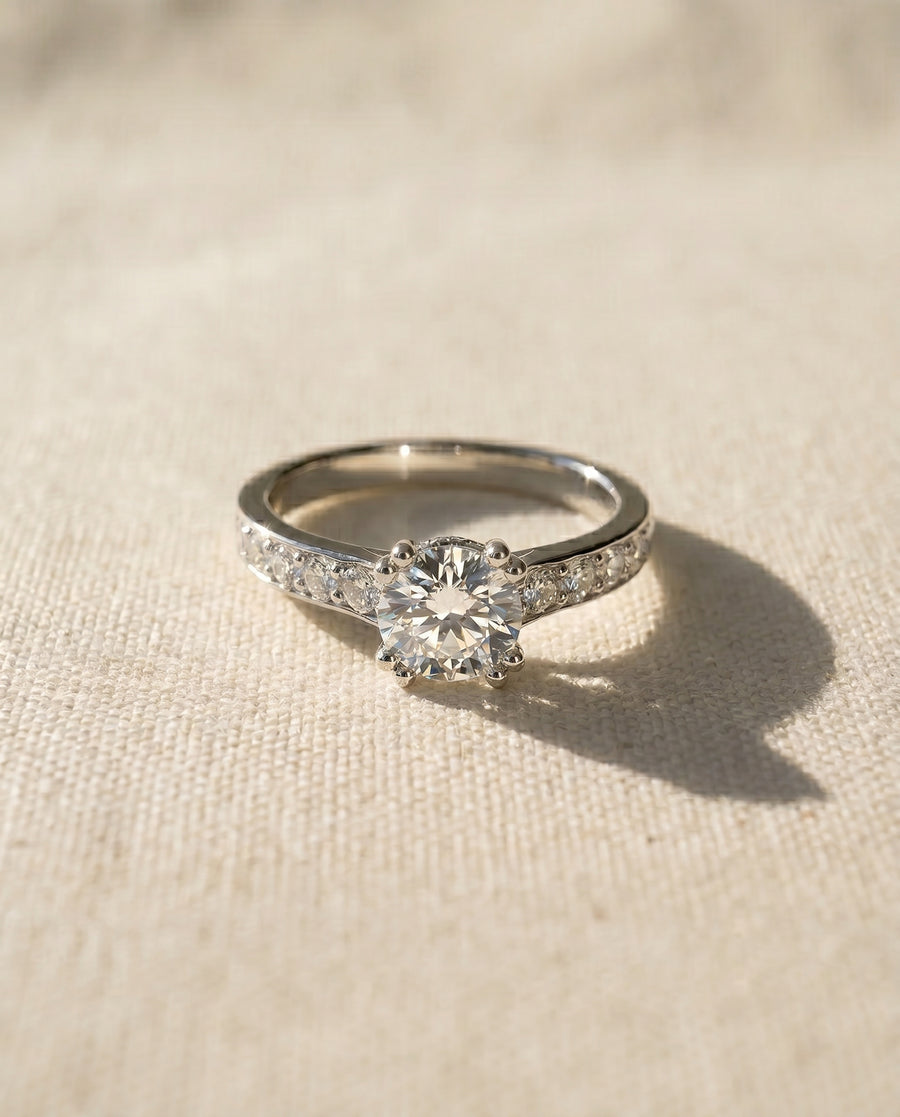 Platinum diamond pave set engagement ring.