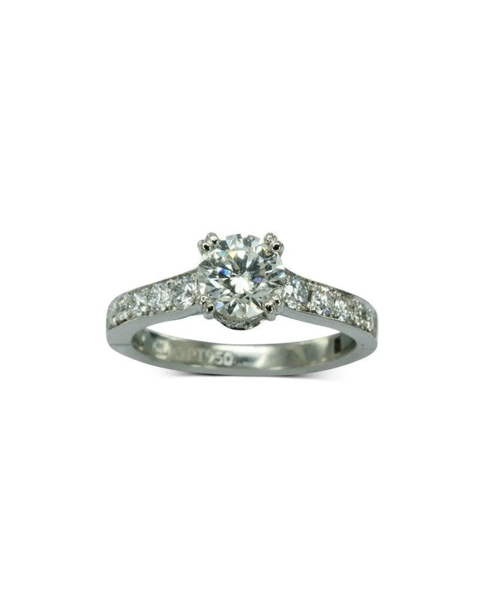 platinum engagement ring with round diamond center and pavé-set diamond band