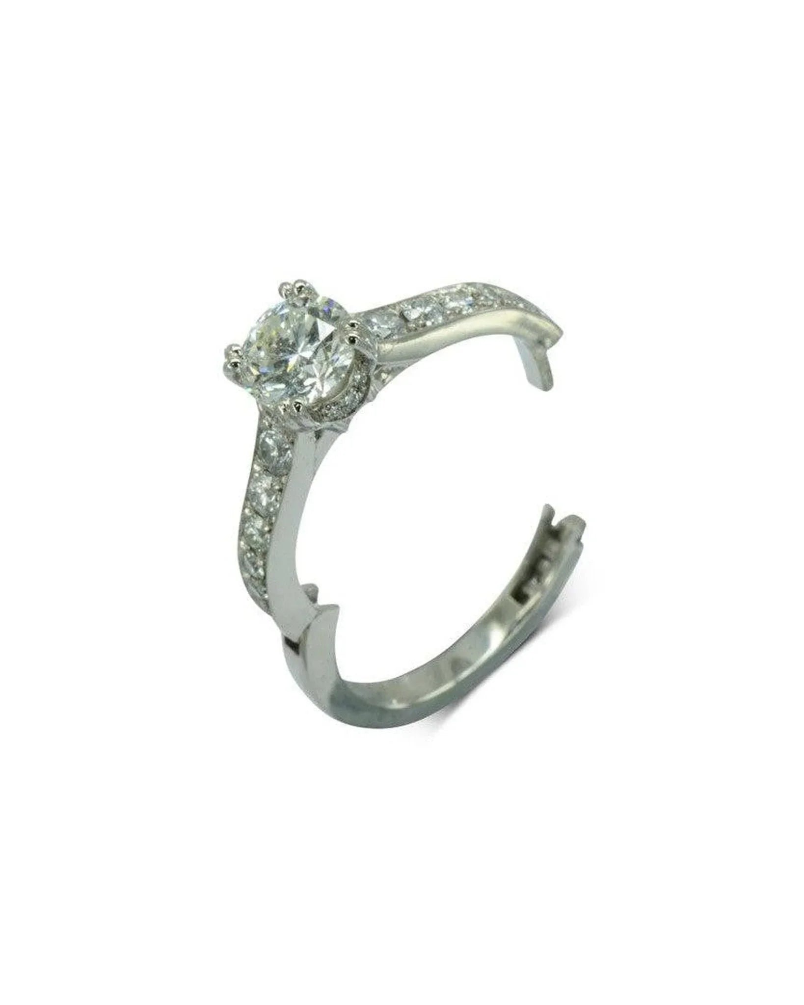 White gold hinged engagement ring with round center diamond and pavé set side stones