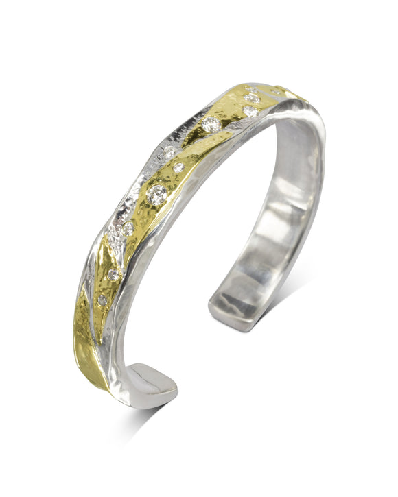 Hammered Silver and Yellow Gold Diamond Cuff Bangle (0.6cts) Pruden and Smith