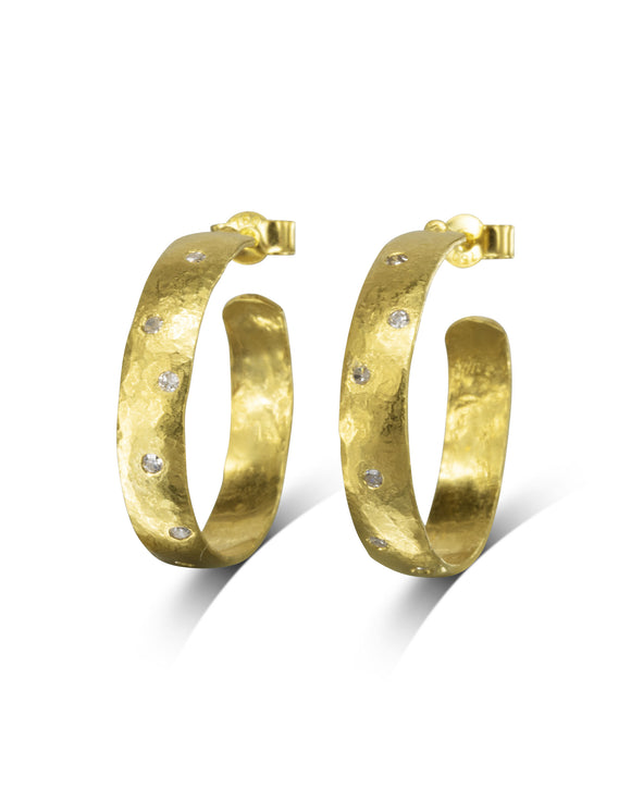 Hammered Rough Gold Diamond Hoop Earrings Pruden and Smith