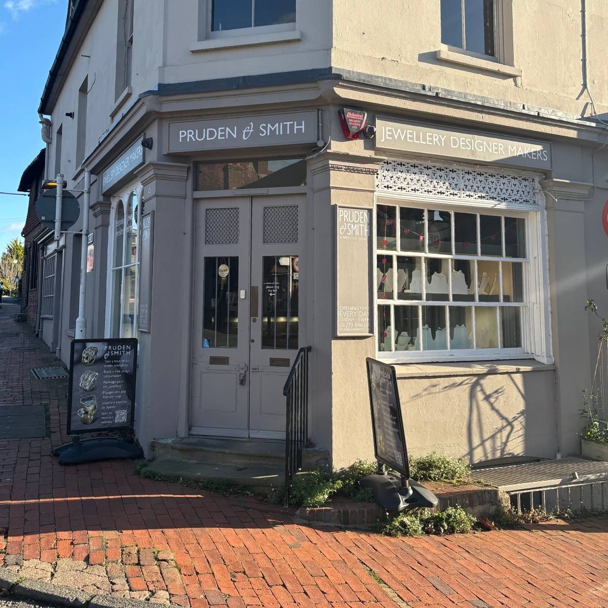 The exterior of the Pruden and Smith jewellery shop and workshop on a street corner.