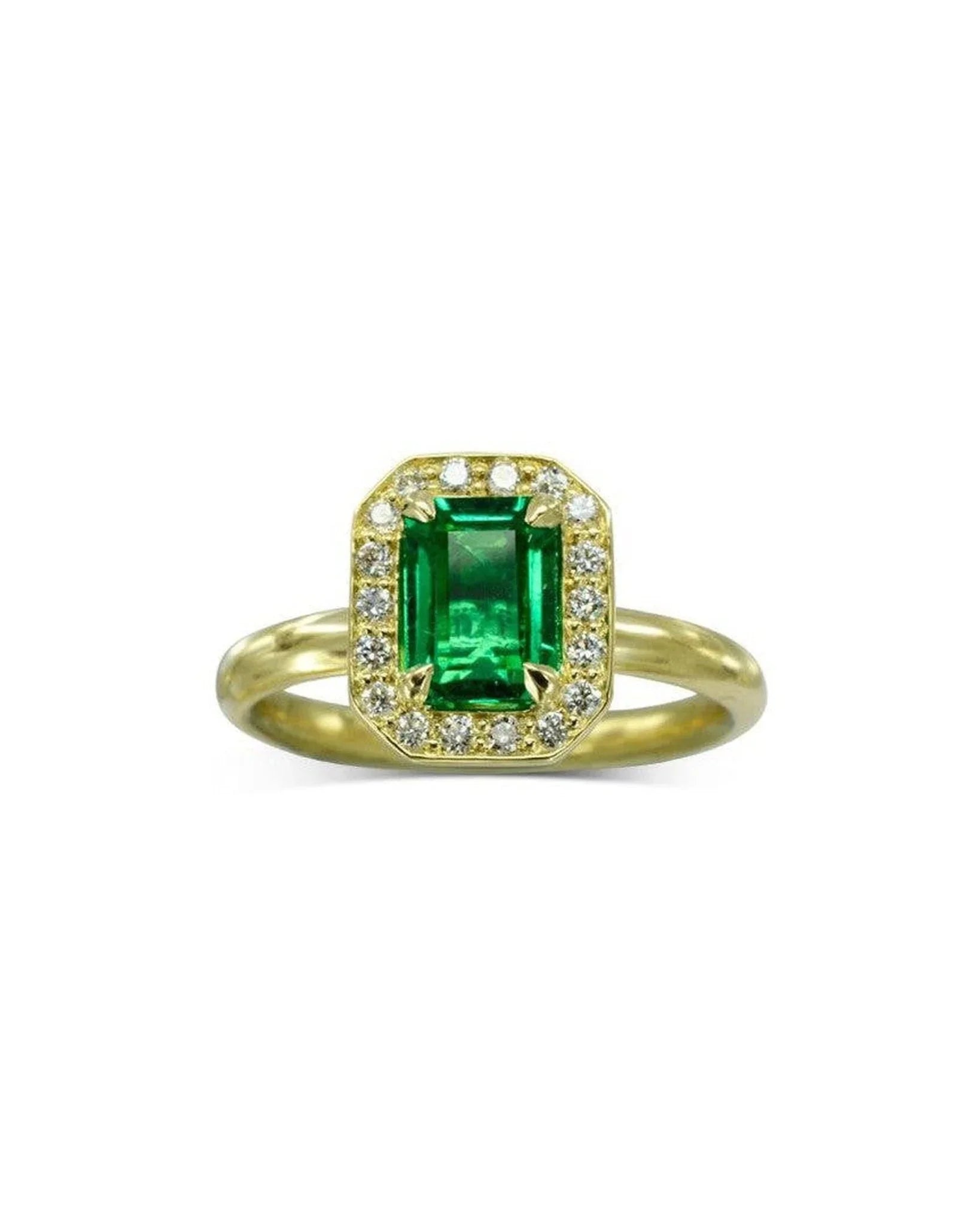 Yellow gold ring with emerald-cut green gemstone and diamond cluster setting