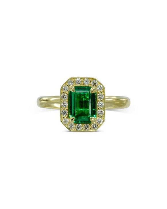 Emerald and Diamonds Yellow Gold Cluster Ring Ring Pruden and Smith