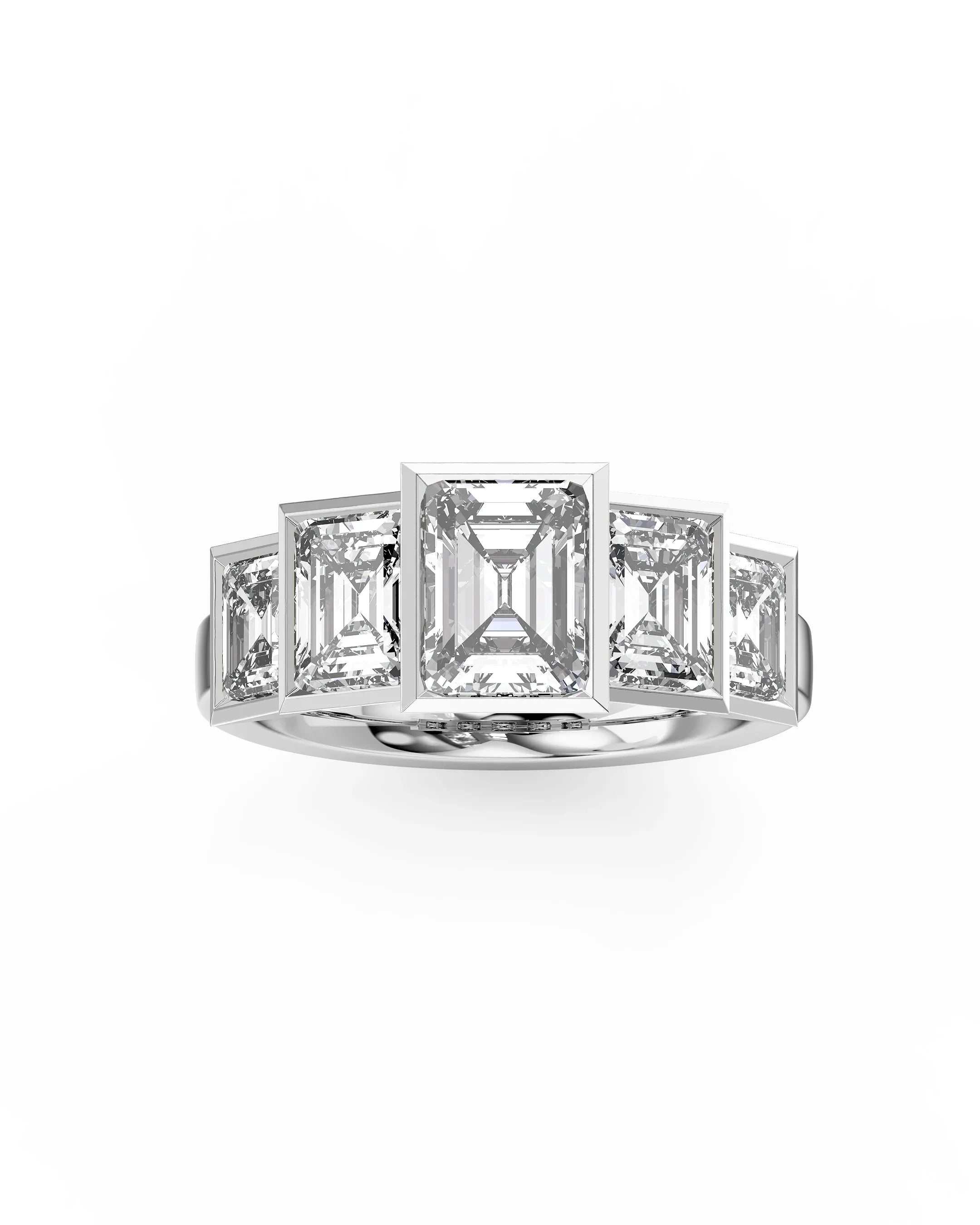 White gold ring with five emerald-cut diamonds in a bold, geometric bespoke design