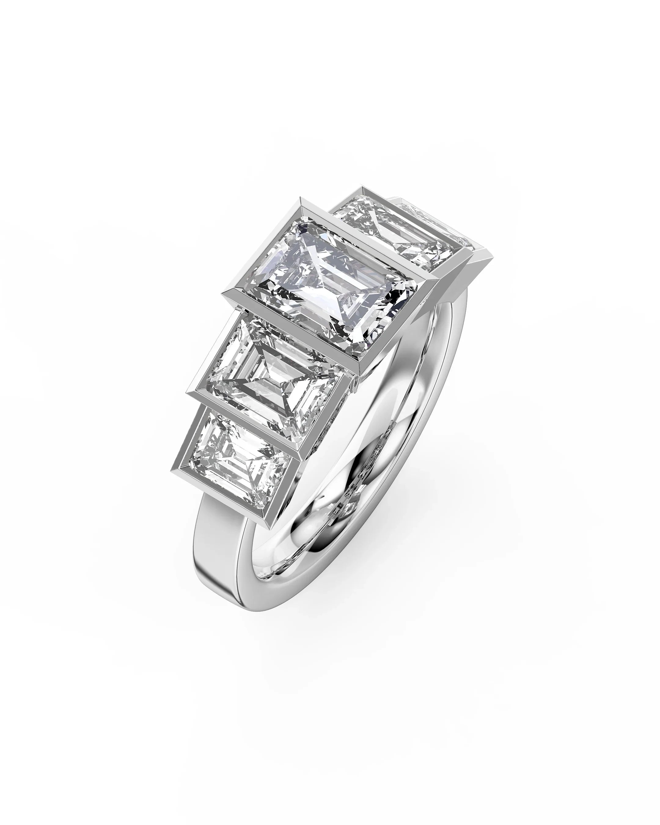 White gold ring set with five emerald-cut diamonds, unique geometric luxury jewellery
