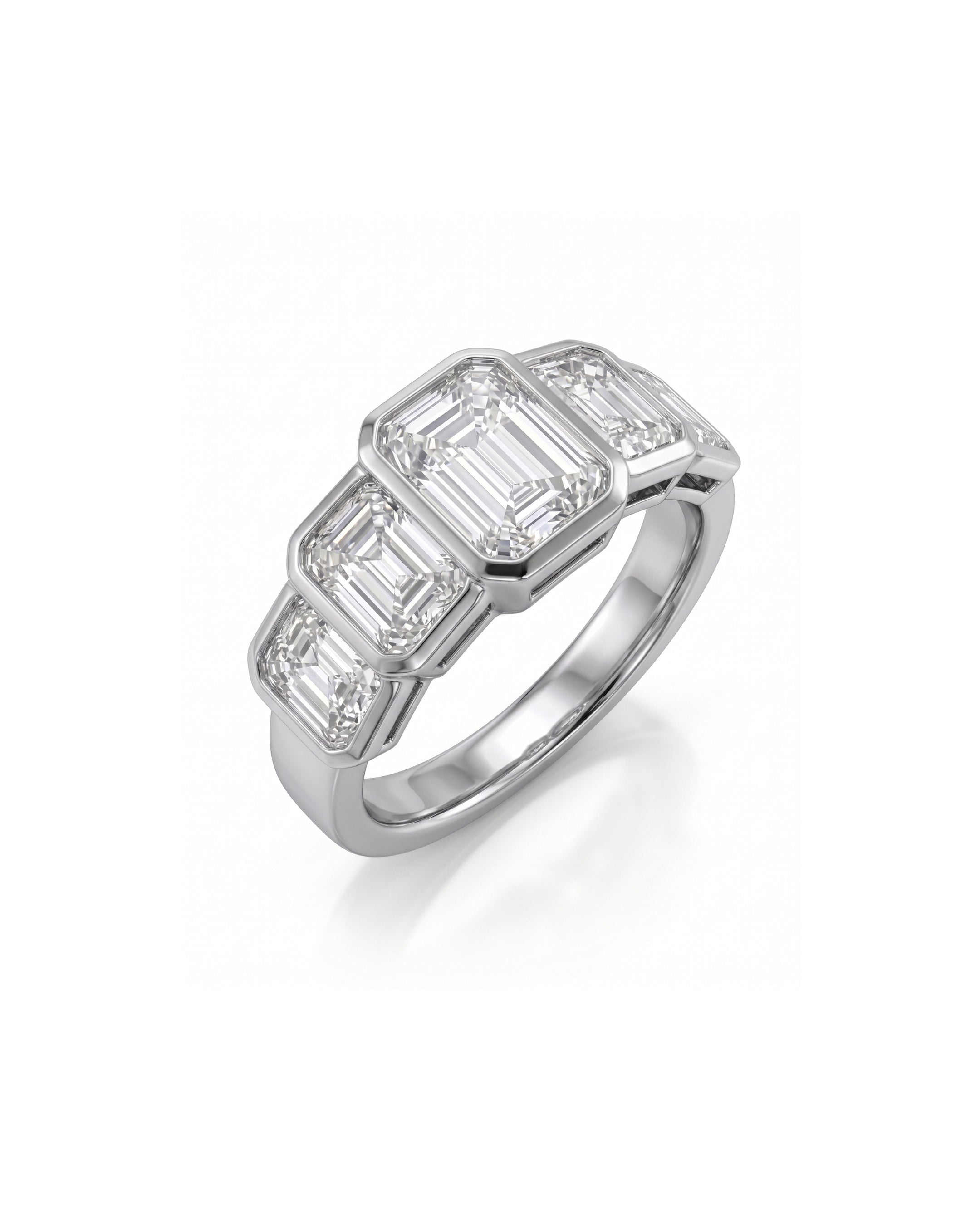Platinum ring with five emerald cut diamonds.