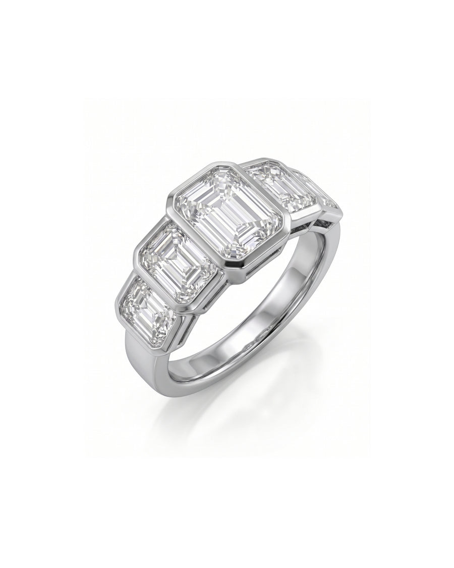 Platinum ring with five emerald cut diamonds.