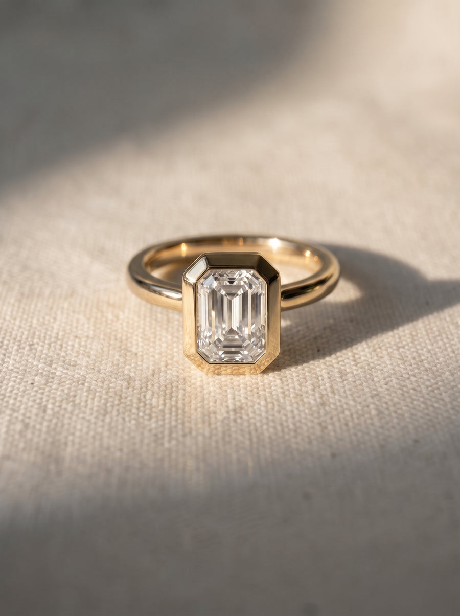 Emerald Cut Bezel Cathedral Engagement Ring