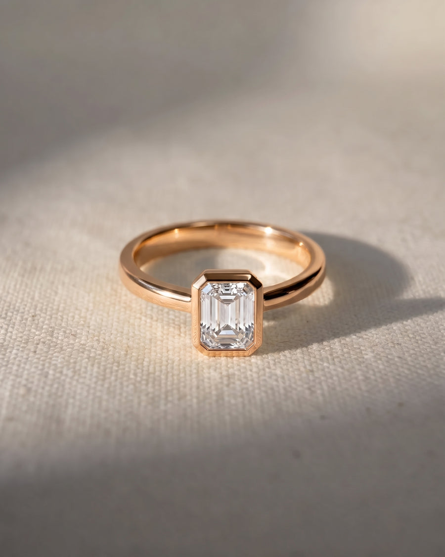 18ct rose gold engagement ring with a 1ct emerald cut lab-grown diamond in a bezel setting.