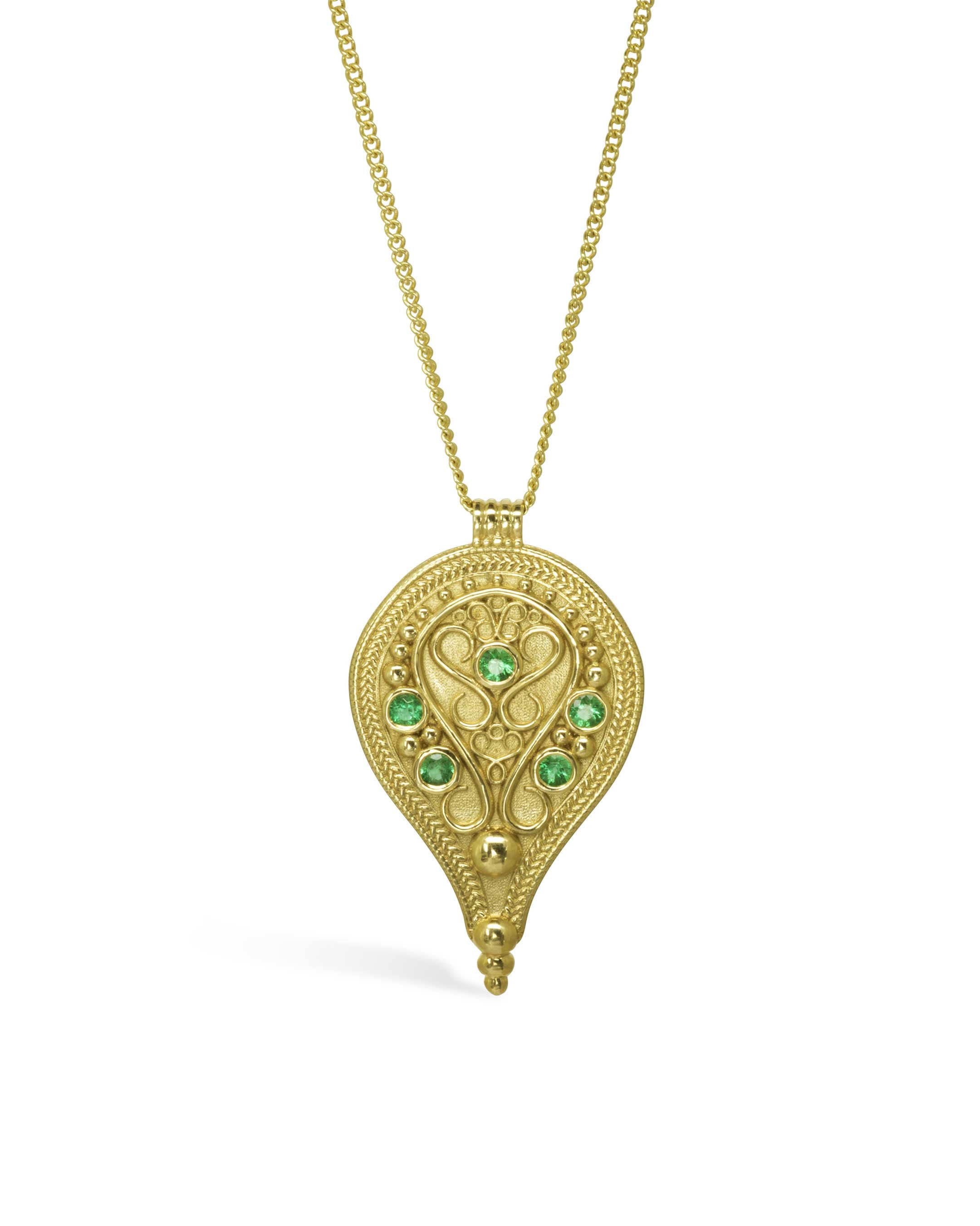 Filigree Pear Shaped Emerald Yellow Gold Pendant Pendant Pruden and Smith