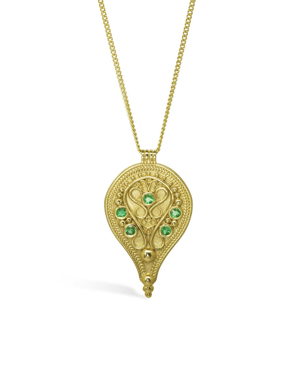Filigree Pear Shaped Emerald Yellow Gold Pendant Pendant Pruden and Smith