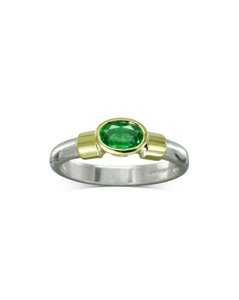Silver and Gold Shoulder Oval Emerald Ring Ring Pruden and Smith   