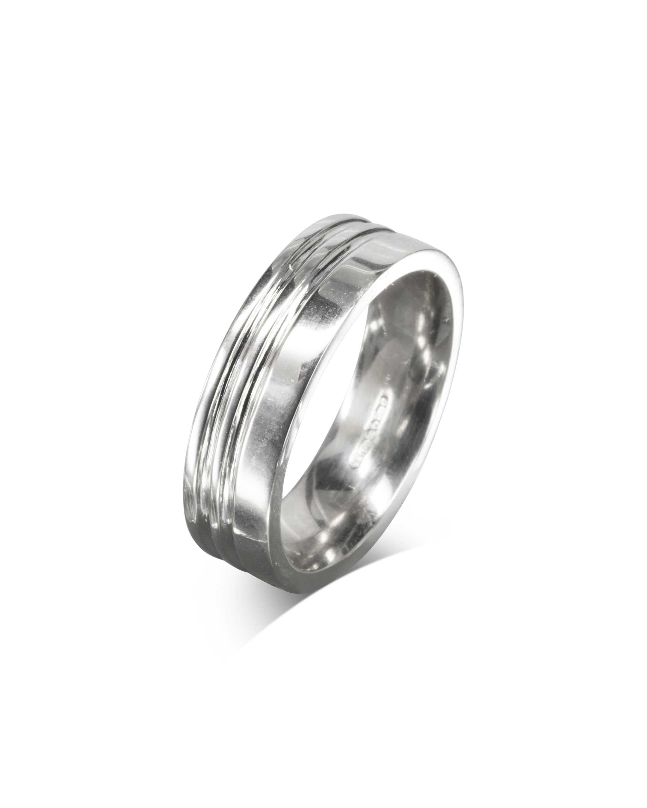 Flat Wedding Rings With Engraved Lines Pruden and Smith