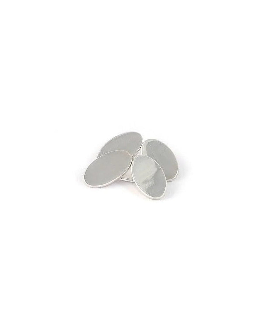 Polished silver oval cufflinks with a simple chain link design on a white background.