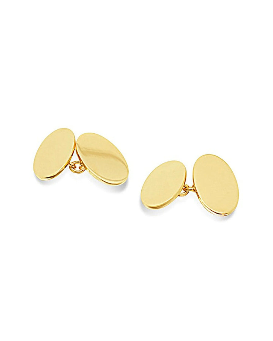Polished 9ct yellow gold oval cufflinks connected by a small gold chain on a white background.